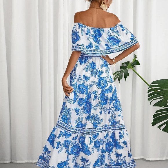 Boho Floral Print Off Shoulder Ruffle Hem Belted Dress - Picture 3 of 5